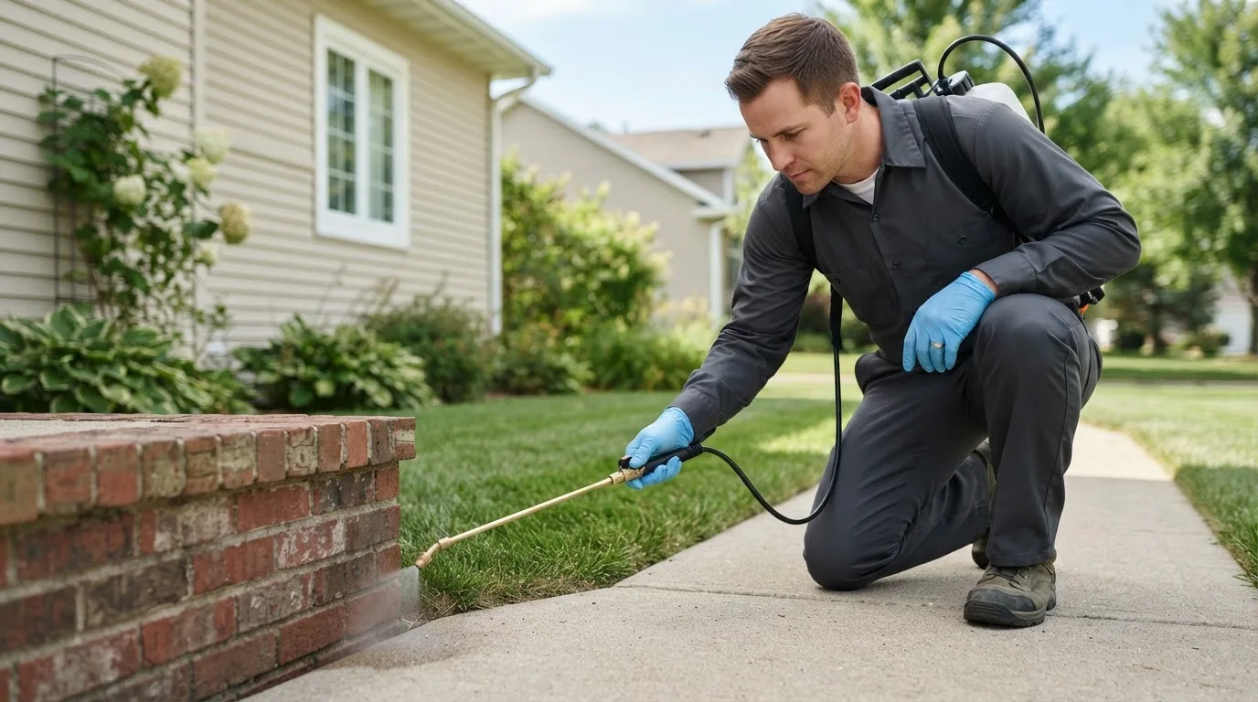 Pest control technician treating a home near Bowden, WV