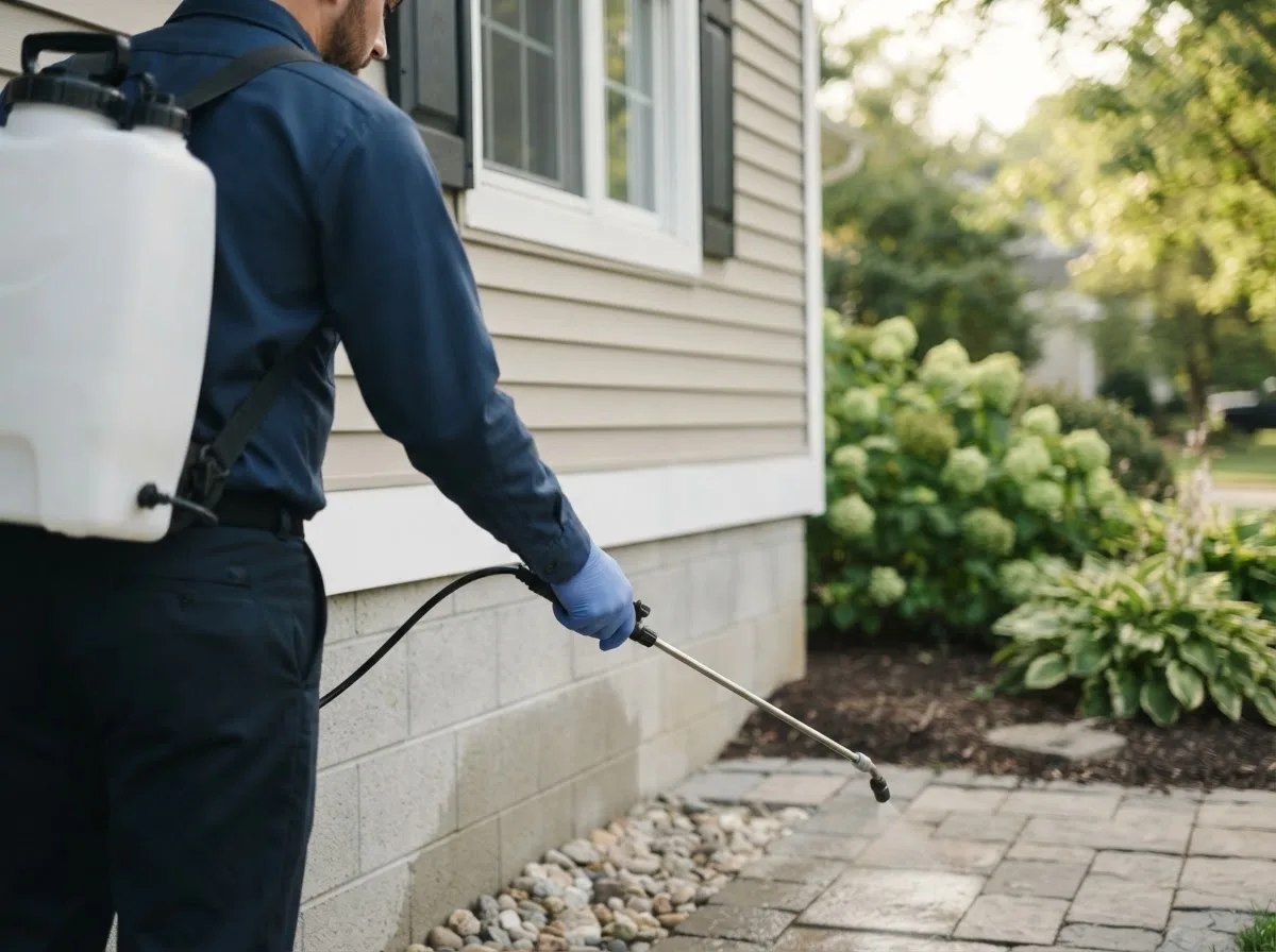 Pest control technician inspecting a home in Bowden, WV